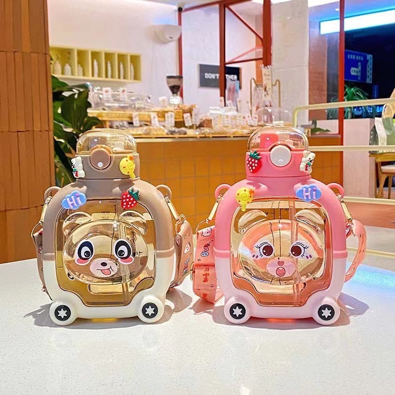 YunSong Hot Sale Professional Lower Price One-click On Cartoon Cute Kids Water Cup With Rope Strap And Straw Water Bottle Set