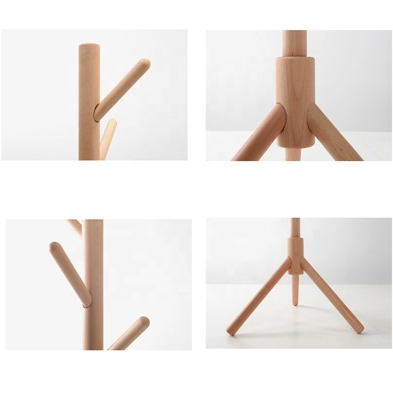 wholesale solid beech wood clothing rack tree hook rack stand hanger stand with 8 hooks display hall tree