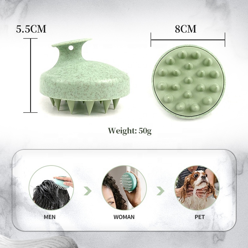 Customize Logo Wheat Straw Hair Shampoo Massage Brush Scalp Care Brush with Soft Silicone Scalp Hair brush