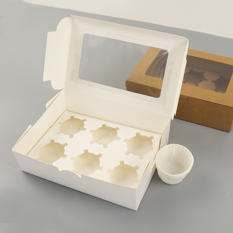 White paper box with clear window 1/2/4/6/8/12 cupcake packaging box kraft paper for muffin cake box with tray