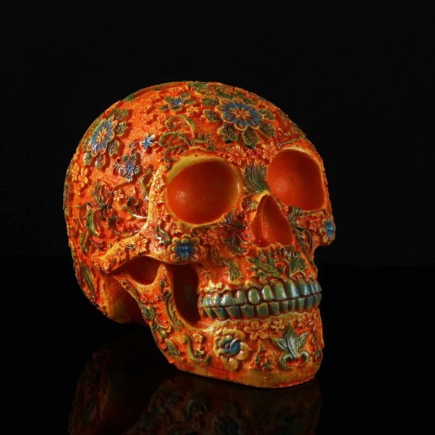 Cheap Resin Craft Skeleton Bone Painted Floral Skulls For Medical Model  For Halloween Gift Home Decor