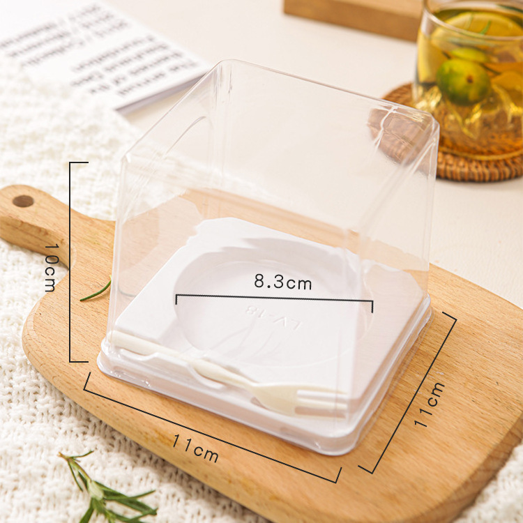 Custom Labels 2 inch 11*11*10cm cake plastic box transparent for mini cake packaging blister cake box with fork