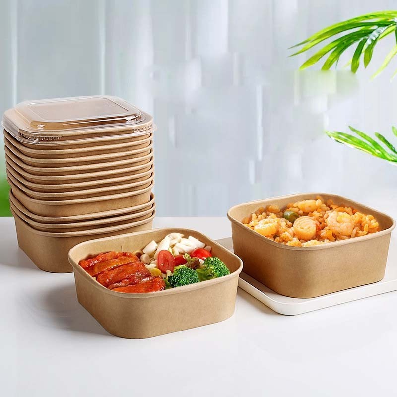 Disposable custom meal snack lunch containers take out to go boxes packaging  13*13*6cm paper kraft food box with clear lid