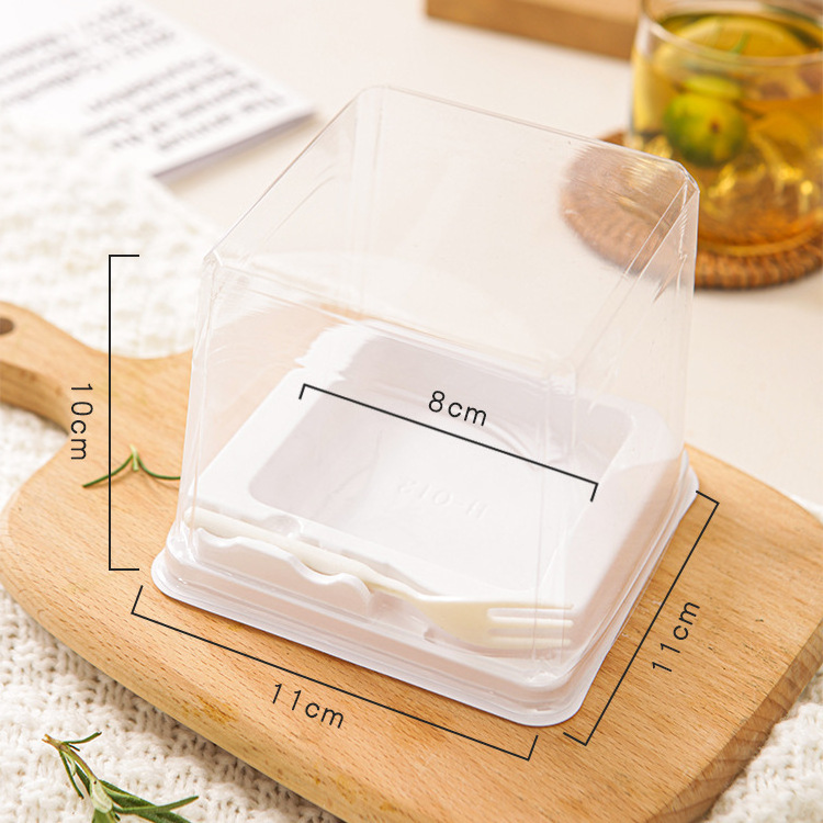 Custom Labels 2 inch 11*11*10cm cake plastic box transparent for mini cake packaging blister cake box with fork