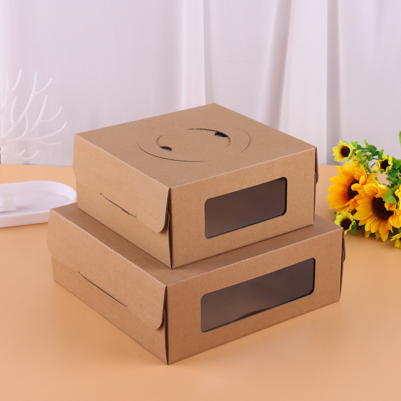 Cheesecake Dessert Takeaway Paper Box 4/6/8 inch Packing Boxes Baked Snacks Windowed Pizza cake Kraft Box with Handle