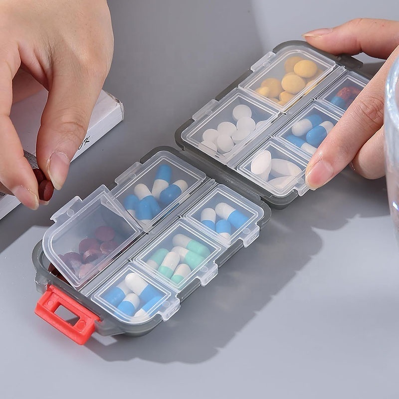 Small Travel Pill Organizer 10 Grid  Pocket Pharmacy, Med Wallet Handy Pill Holder Box Portable Medicine Container Case