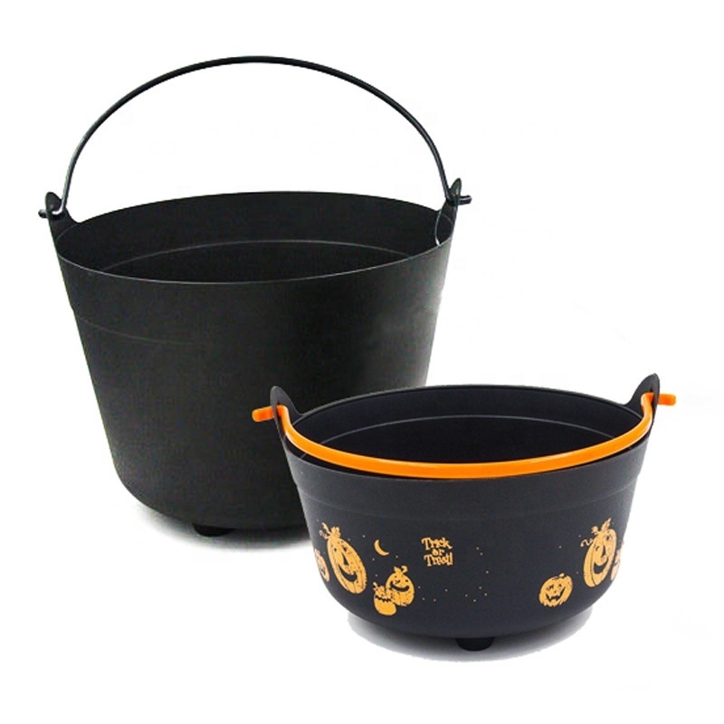 Halloween Black Cauldron Trick or Treat Candy Buckets Jumbo Plastic Candy Basket Bowl Holder with Handle