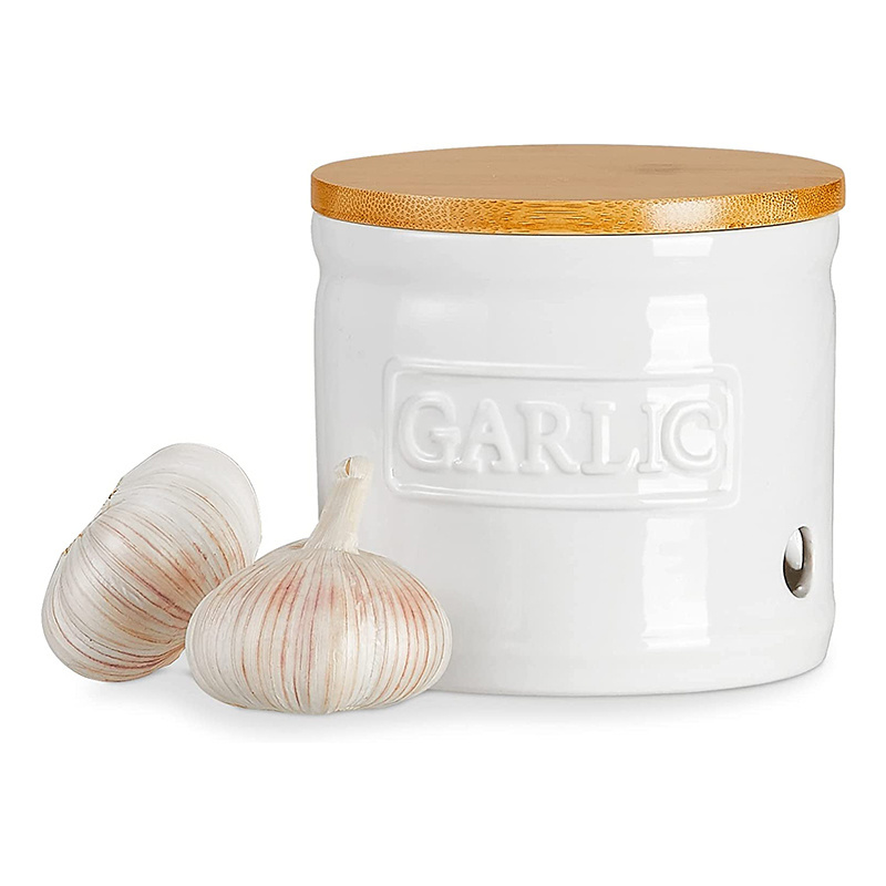 Garlic Keeper with wooden Lid, Ceramic Garlic Saver 4 inch, White