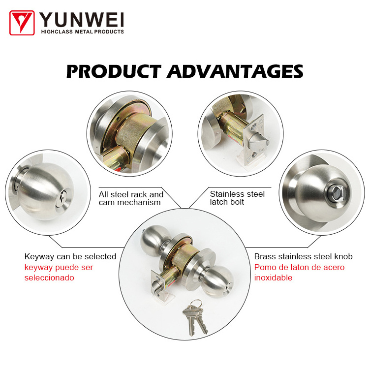 Wholesale Price High Security Ball Key Door Knob Whit Lock Stainless Steel Round Ball Door Knob Lock