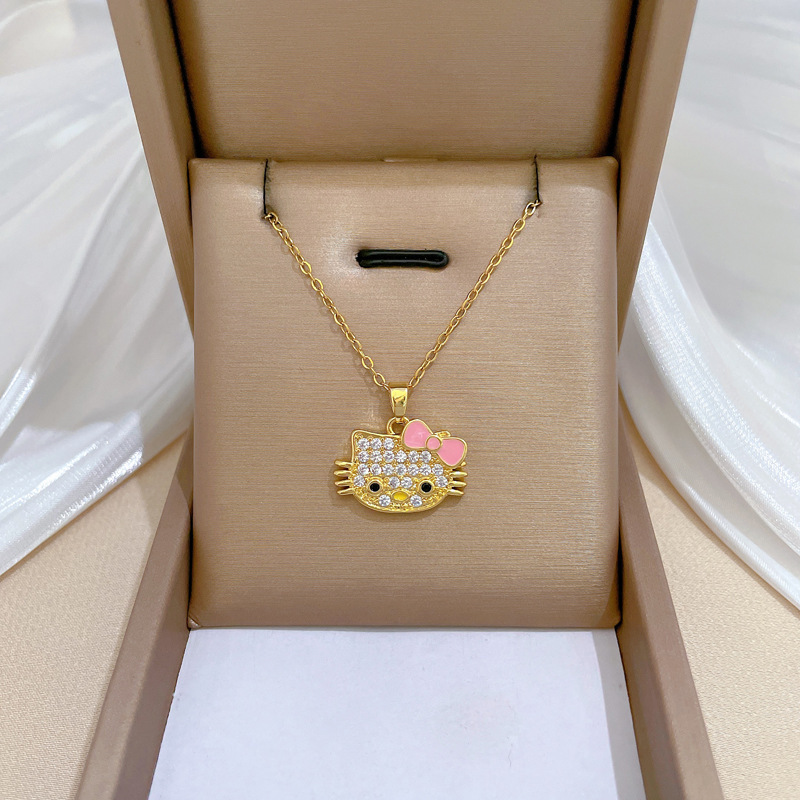 Wholesale Zircon Cute Cartoon Cat Pendant Gold Plated Stainless Steel Necklace Women Jewelry