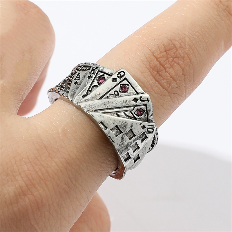 Silver Zircon Playing Cards Cuff Finger Rings Vintage Retro Fashion Jewelry for Women Girls' Fashionable Ring for Parties