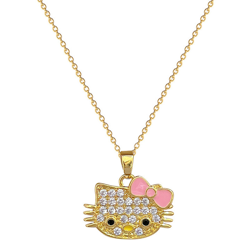 Wholesale Zircon Cute Cartoon Cat Pendant Gold Plated Stainless Steel Necklace Women Jewelry