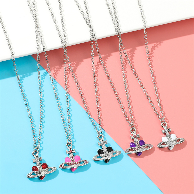 New Trend Fashion Heart Saturn Necklace for Women Personality Romantic Crystal Pendant Choker Luxury Party Y2k Jewelry