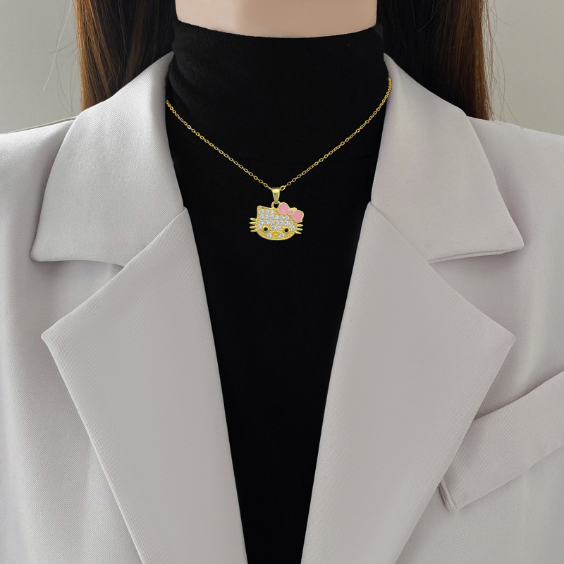 Wholesale Zircon Cute Cartoon Cat Pendant Gold Plated Stainless Steel Necklace Women Jewelry