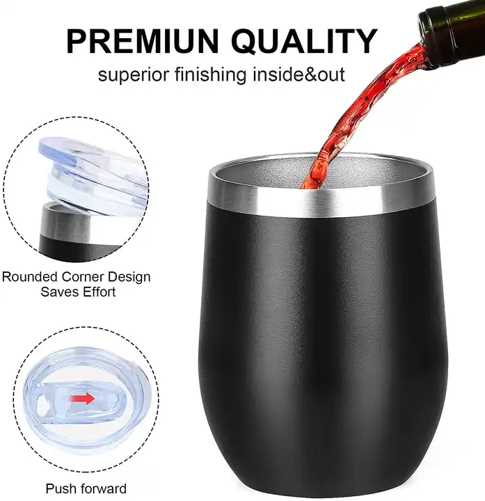 Wholesale Custom Stainless Steel Stemless 12oz Wine Tumblers with Lid and Straw Vacuum Insulated 12 oz Glass Wine Cups