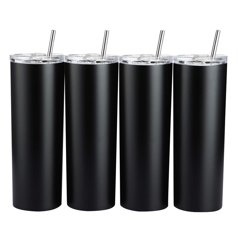 More Style Reusable Stainless Steel Insulated Black Matte Tumblers Cups in Bulk Coffee Mugs 16oz 20oz 30oz with Straw and Lid