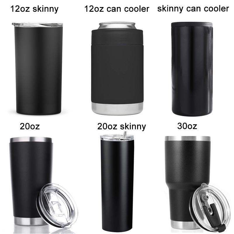 More Style Reusable Stainless Steel Insulated Black Matte Tumblers Cups in Bulk Coffee Mugs 16oz 20oz 30oz with Straw and Lid