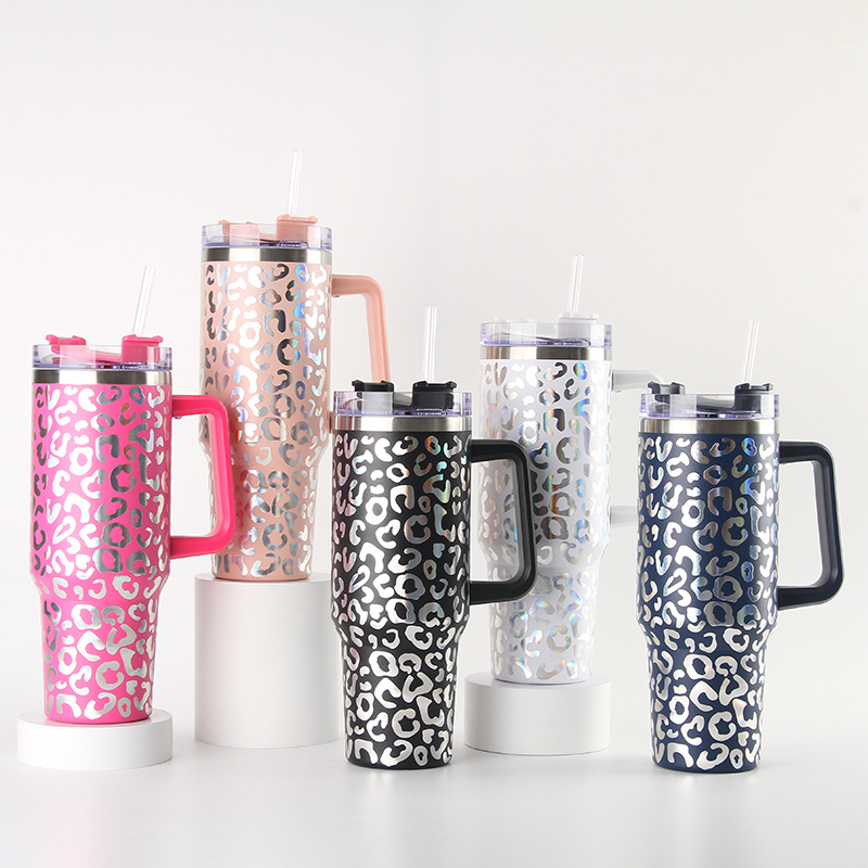 Yunxin Travel Glitter Bling Pink Leopard Print Glass 40Oz Stainless Steel Mug Tumbler With Handle Leopard