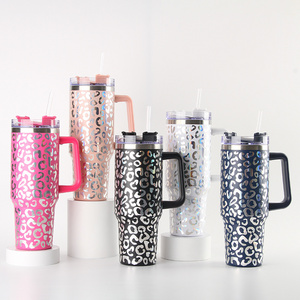 Yunxin Travel Glitter Bling Pink Leopard Print Glass 40Oz Stainless Steel Mug Tumbler With Handle Leopard