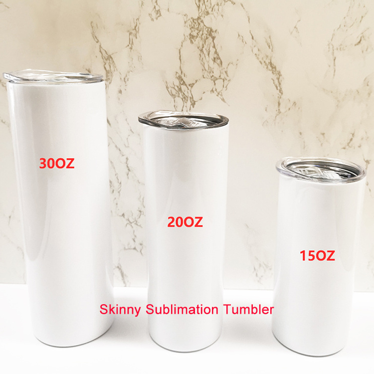 White Blank Sublimation 20OZ Skinny Stainless Steel Tumbler Wine Double Wall Blanks Straight Tumblers 20 OZ With Metal Straws