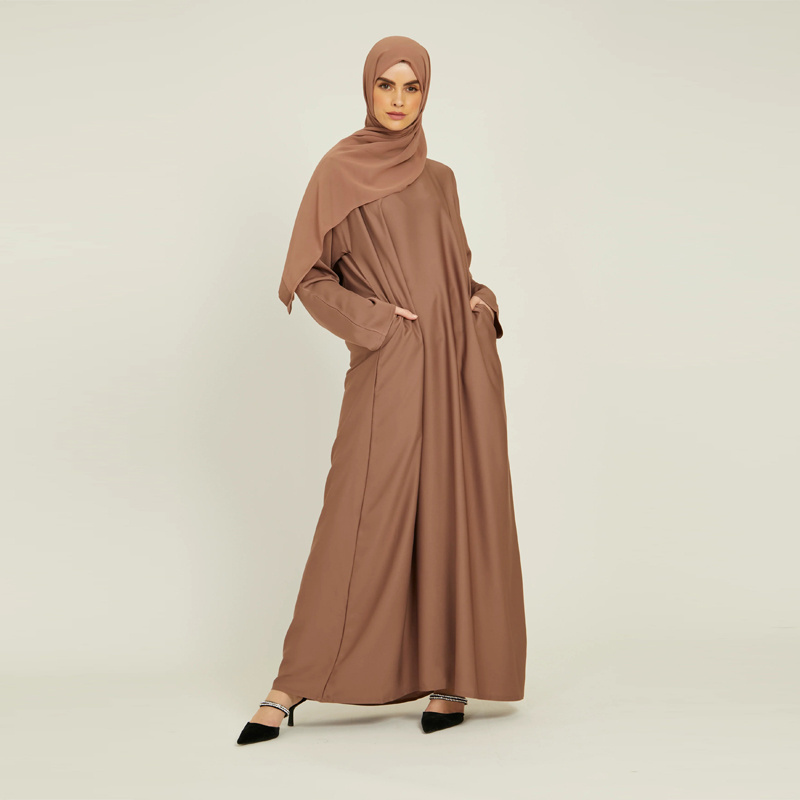 High Quality Nidha Taupe 100% Polyester Satin Eid Modest Dresses Full Sleeves Crew Neck Abaya Pockets Belt Plain Closed Abaya