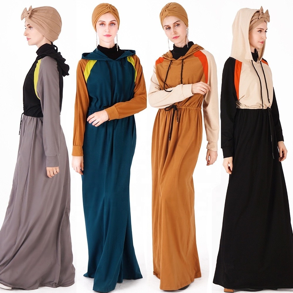 Summer casual islamic women clothing solid color sports long sleeve muslim tunic waist robe dress