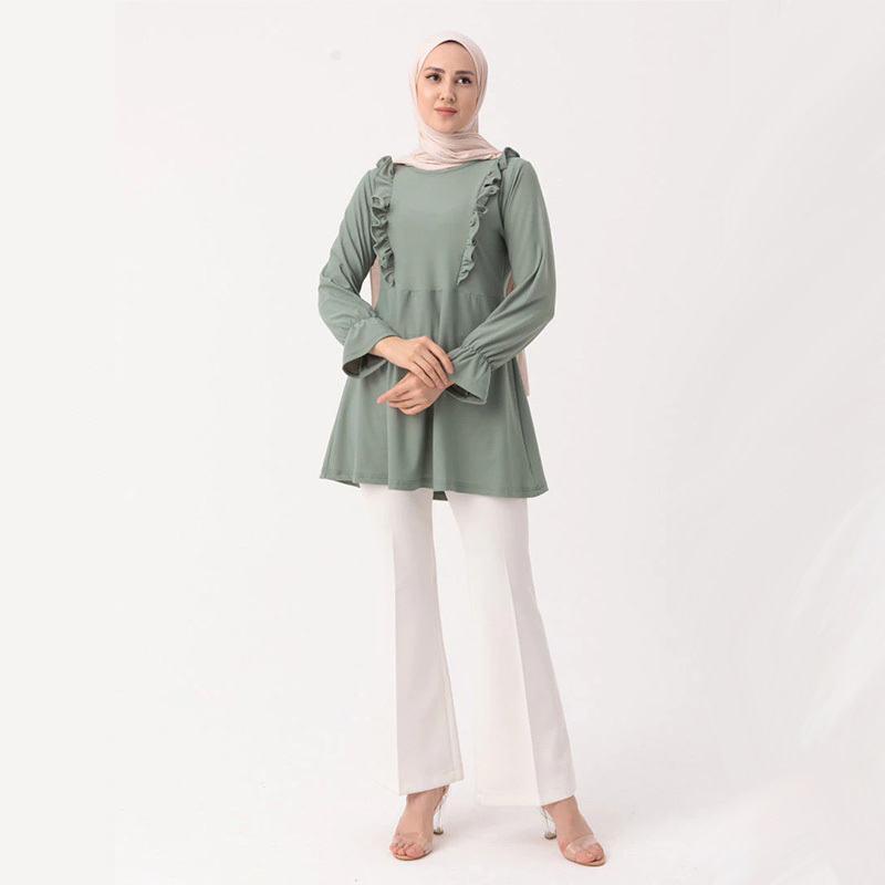 Malaysia turkey women pleated muslim blouse elegant long sleeve crew neck tunic shirts tops blouse