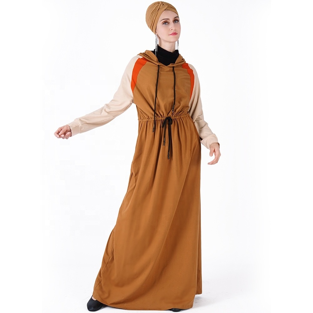 Summer casual islamic women clothing solid color sports long sleeve muslim tunic waist robe dress