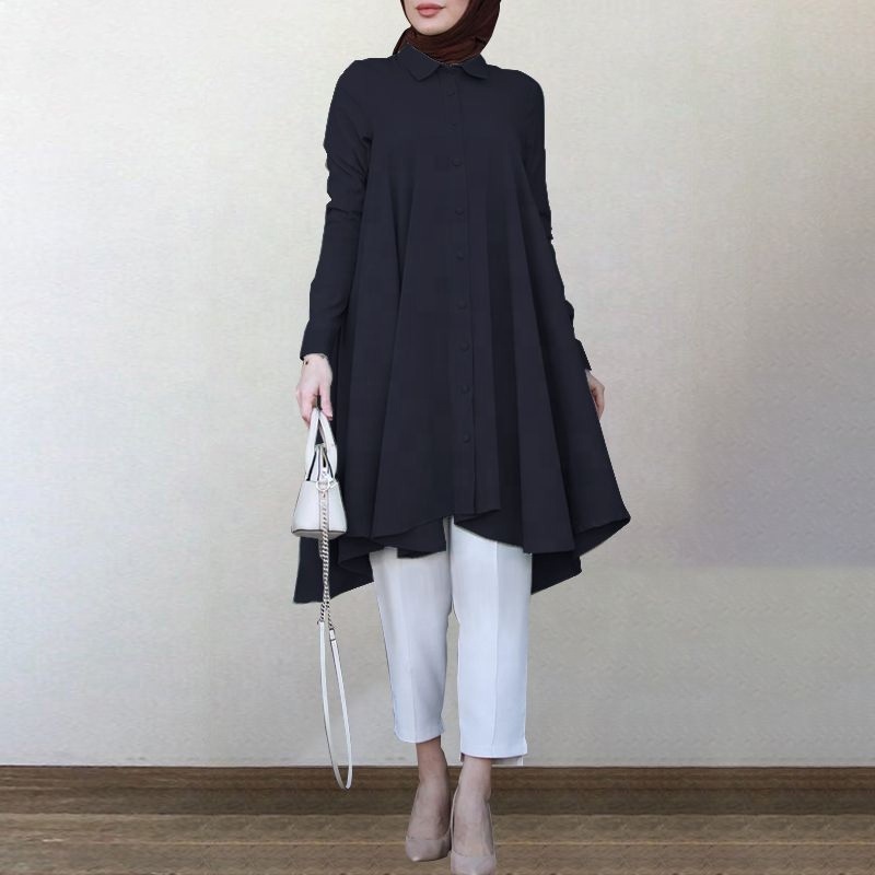 Custom vintage asymmetrical women's autumn blouse turkish female long sleeve muslim pleated turn down collar blouse