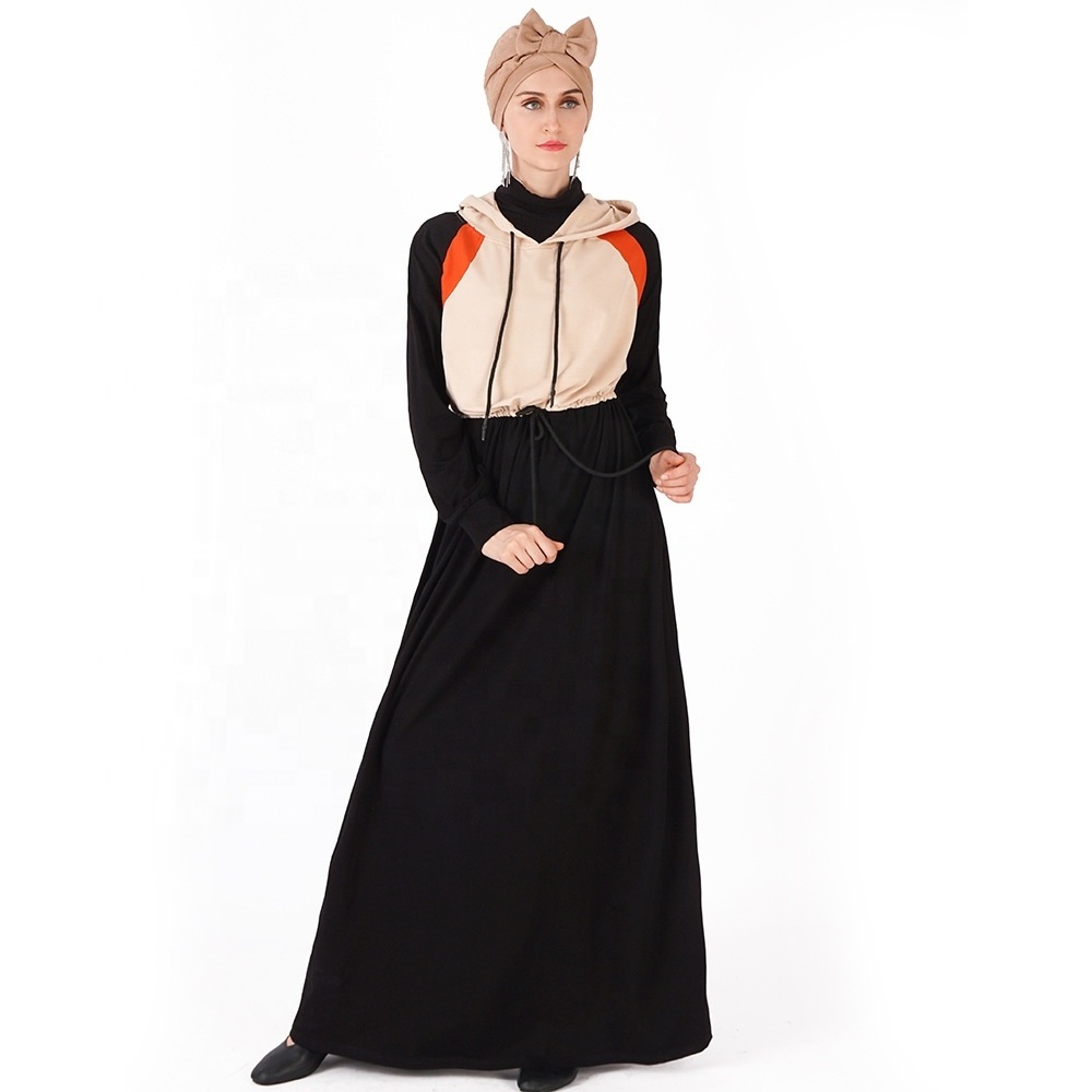 Summer casual islamic women clothing solid color sports long sleeve muslim tunic waist robe dress