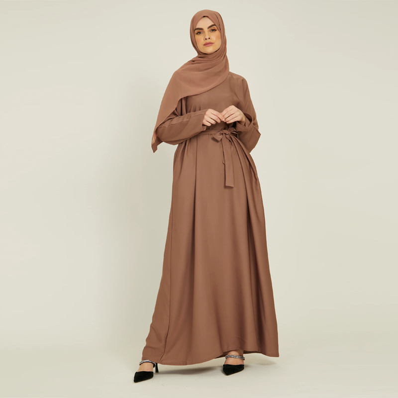 High Quality Nidha Taupe 100% Polyester Satin Eid Modest Dresses Full Sleeves Crew Neck Abaya Pockets Belt Plain Closed Abaya