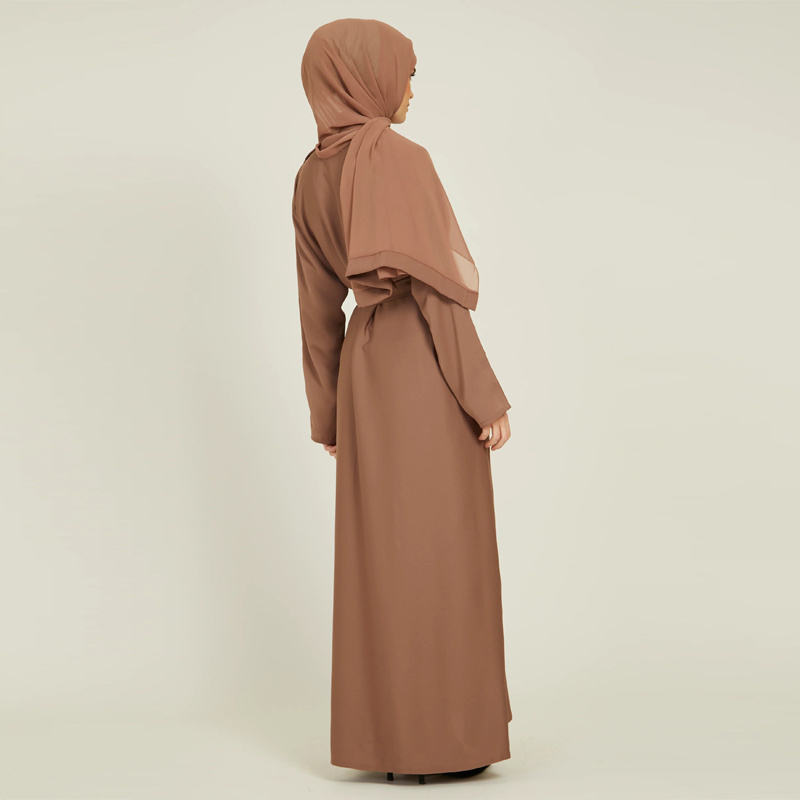 High Quality Nidha Taupe 100% Polyester Satin Eid Modest Dresses Full Sleeves Crew Neck Abaya Pockets Belt Plain Closed Abaya