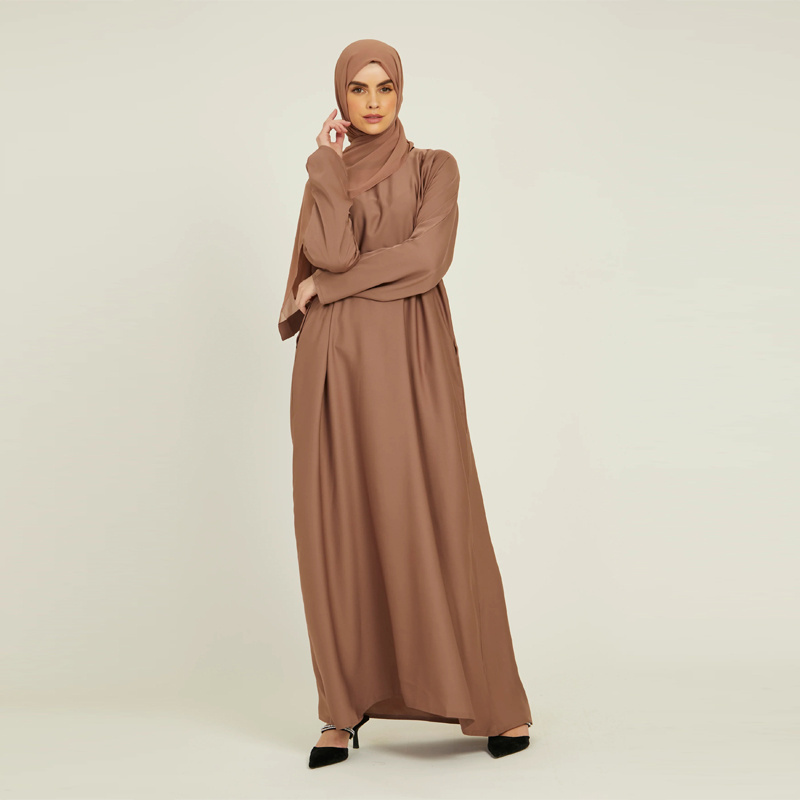 High Quality Nidha Taupe 100% Polyester Satin Eid Modest Dresses Full Sleeves Crew Neck Abaya Pockets Belt Plain Closed Abaya