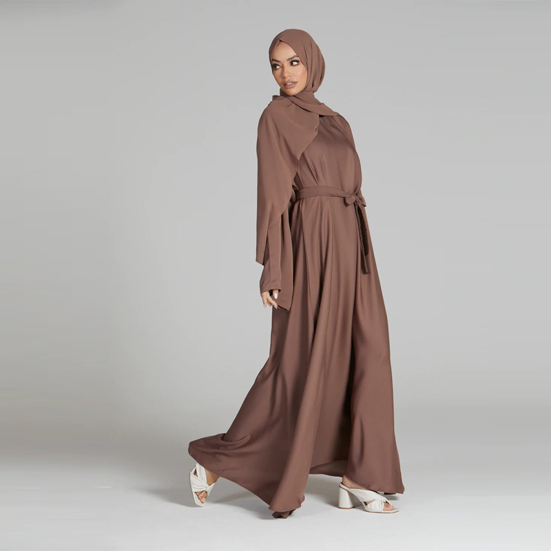 Muslim Eid 100% Polyester Nidha Dusky Taupe Umbrella Cut Belt Closed Crew Neck Abaya Women Muslim Dress