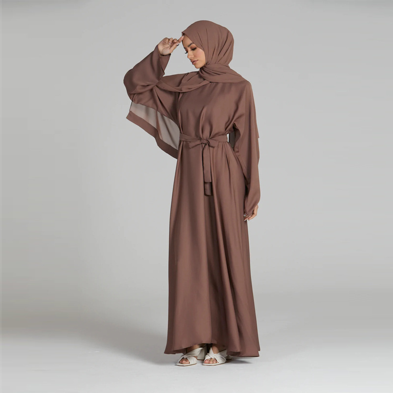 Muslim Eid 100% Polyester Nidha Dusky Taupe Umbrella Cut Belt Closed Crew Neck Abaya Women Muslim Dress