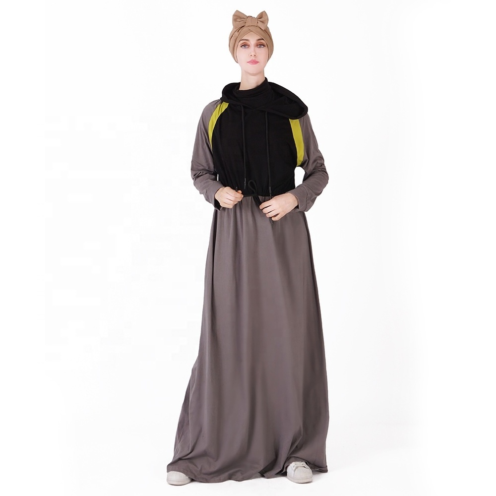 Summer casual islamic women clothing solid color sports long sleeve muslim tunic waist robe dress