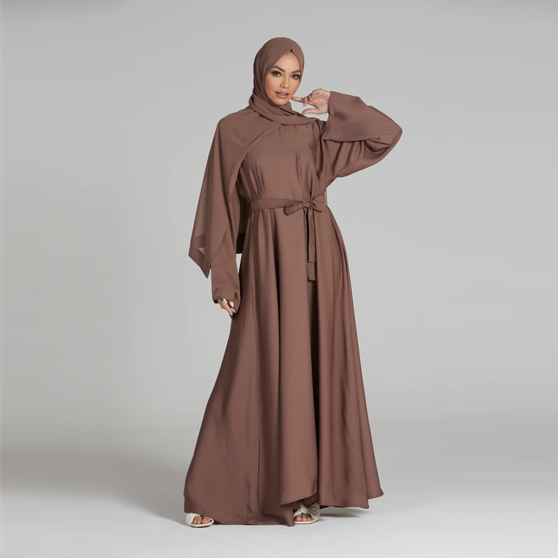 Muslim Eid 100% Polyester Nidha Dusky Taupe Umbrella Cut Belt Closed Crew Neck Abaya Women Muslim Dress