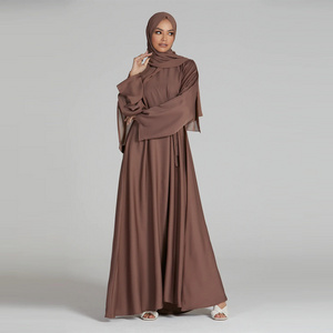 Muslim Eid 100% Polyester Nidha Dusky Taupe Umbrella Cut Belt Closed Crew Neck Abaya Women Muslim Dress