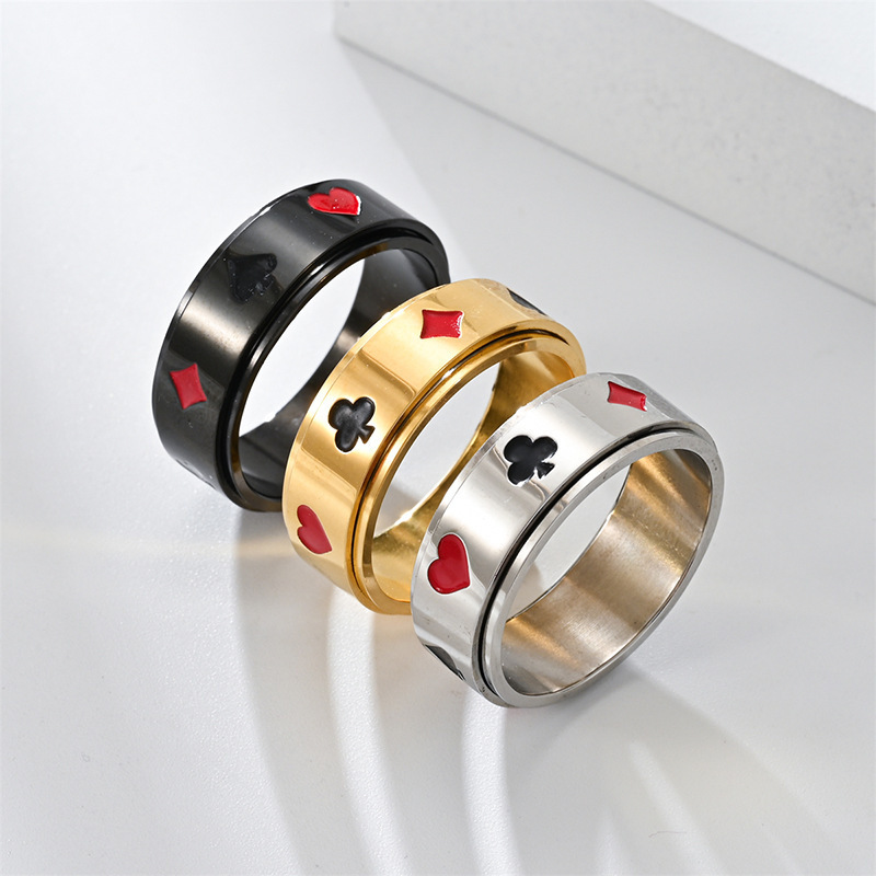 Cross border European and American Spades and Hearts Square Playing Card Pattern Stainless Steel Rotating Ring