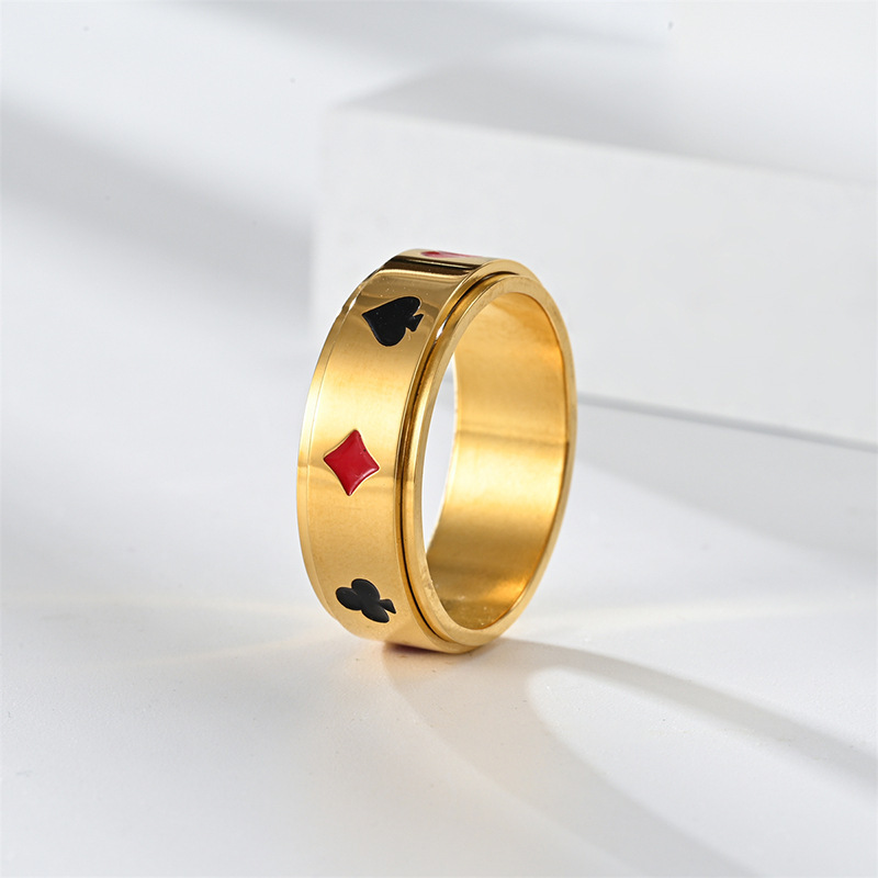 Cross border European and American Spades and Hearts Square Playing Card Pattern Stainless Steel Rotating Ring