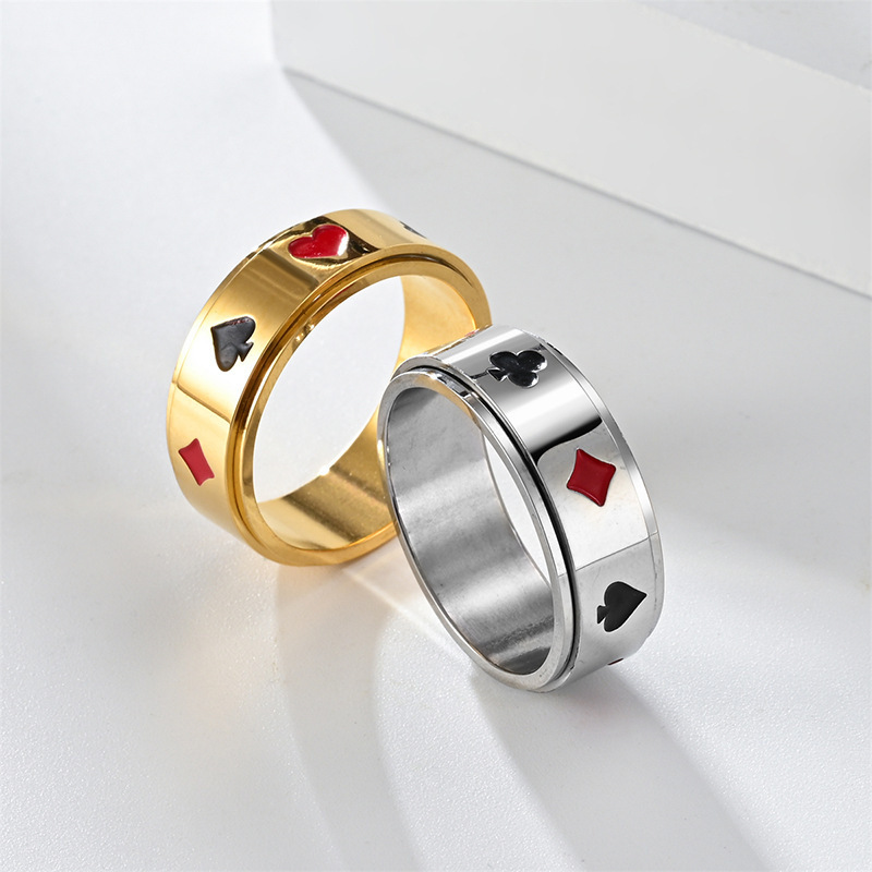 Cross border European and American Spades and Hearts Square Playing Card Pattern Stainless Steel Rotating Ring