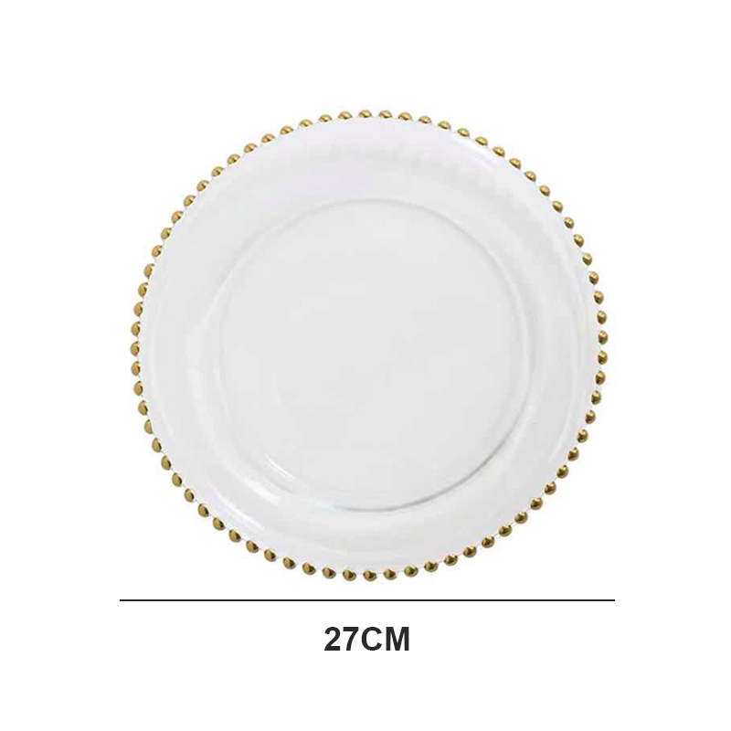 Wholesale Designer Round 13inch Beads Wedding Decoration Dinner Plate Clear Gold Rimmed Glass Charger Plates