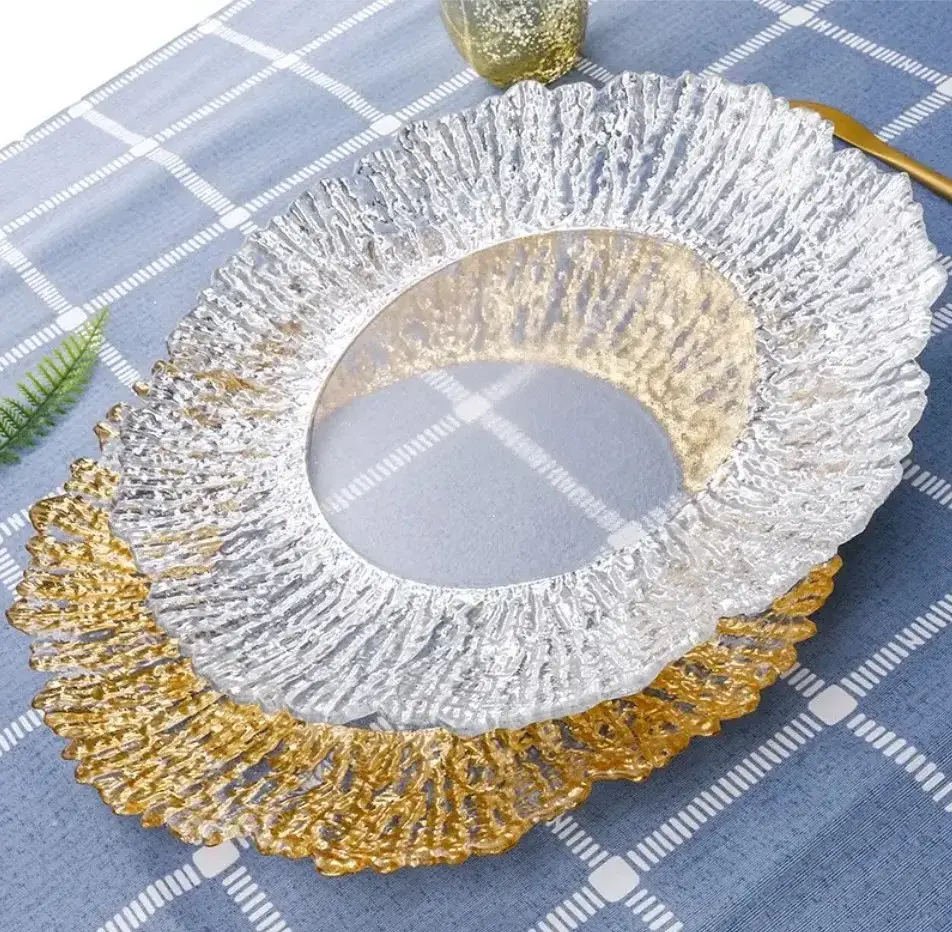 Transparent Golden Sliver Supplier Clear Charger Plates 13Inch Wedding Hotel Banquet Decoration Gold Glass Charger Plate