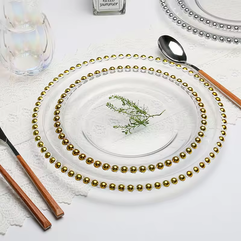 Wholesale Designer Round 13inch Beads Wedding Decoration Dinner Plate Clear Gold Rimmed Glass Charger Plates