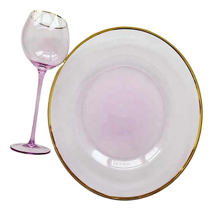 13 Inch Clear Gold Rim Engraving Glass Charger Plates Wedding Disposable Glass Clear Charger Plates with Wine Goblet