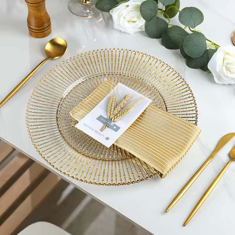 Yunzhifan High Quality Transparent Green Rose Gold Rim 13 inch 500ml Round Glass Tray Serving Dry Fruit Ring Tray with Glass