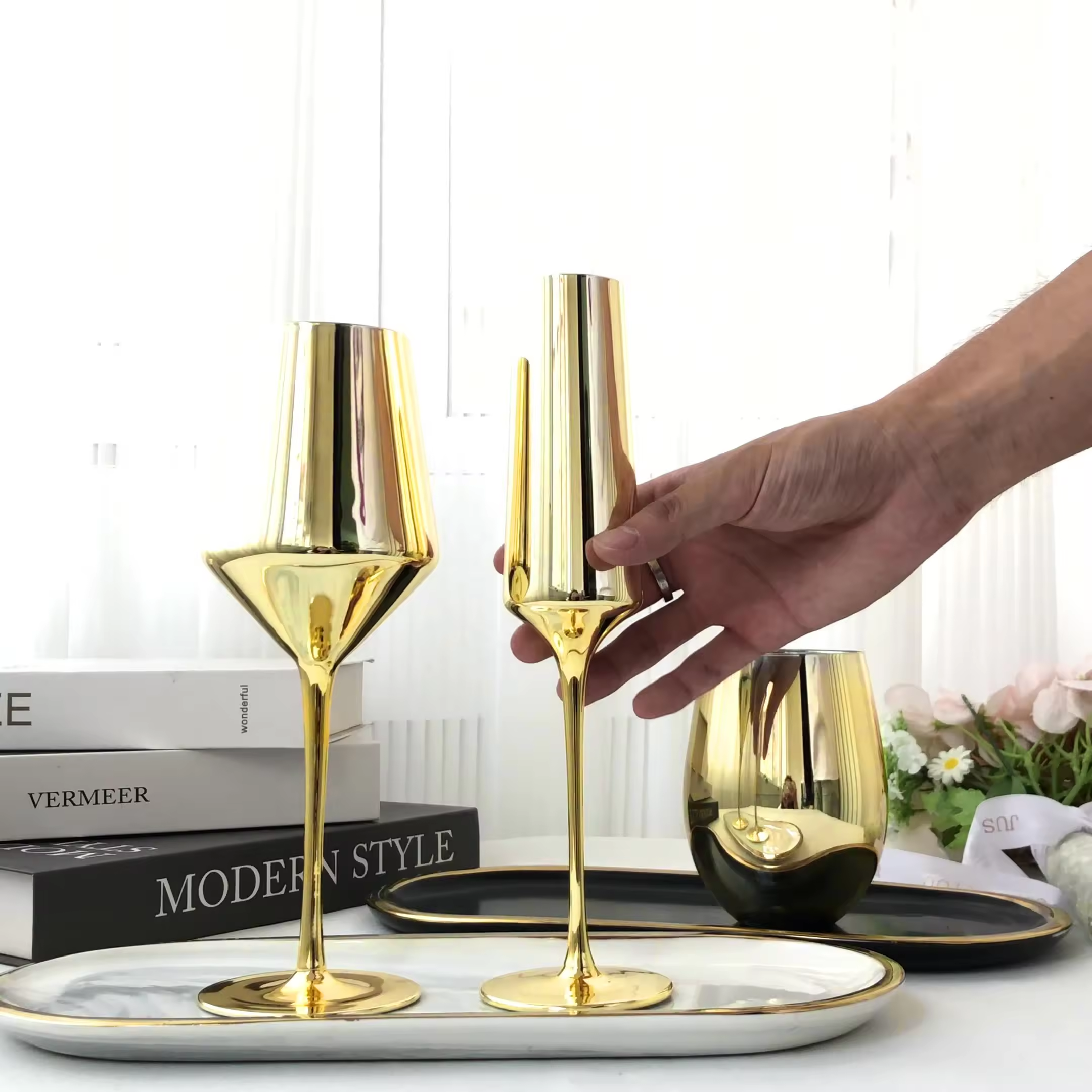 Hot Selling High Quality Glassware Crystal Gold Electroplated Glasses Set Red Wine Glass Water Wine Goblet Champagne Glasses