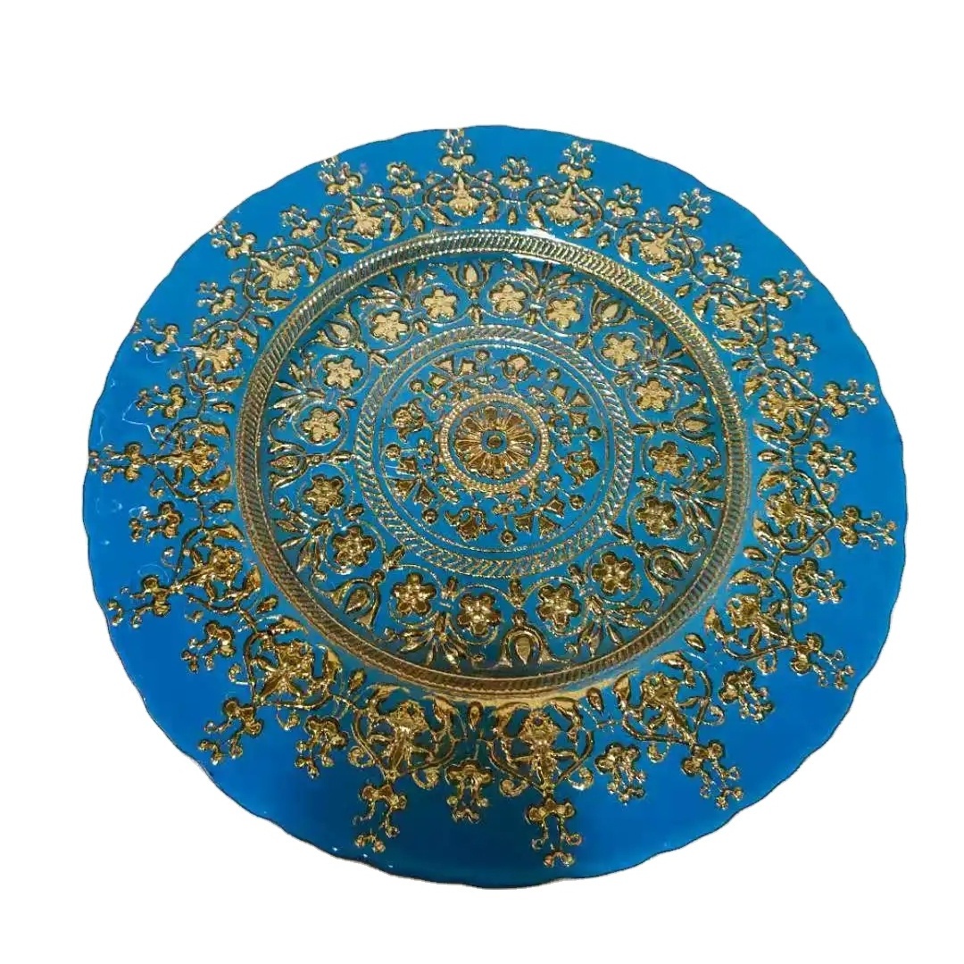 yunzhifan 13 inchBlue glass Ethnic wind glass plate  Wedding main picture glass tray