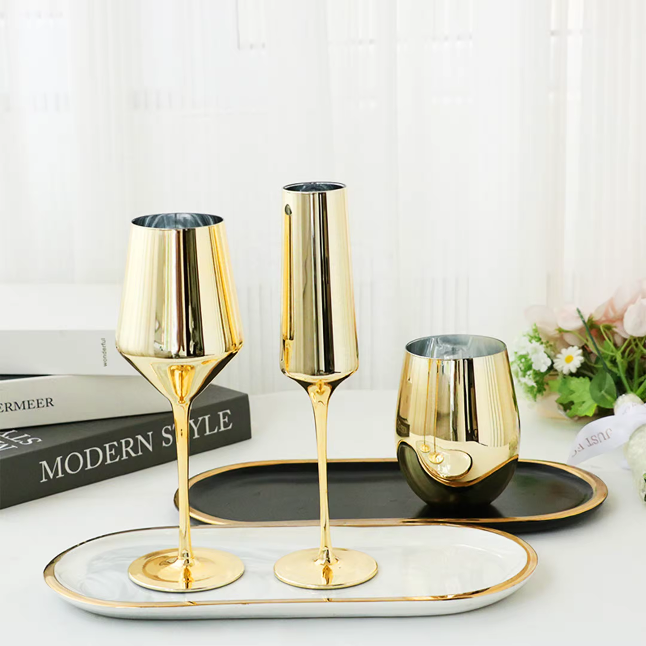 Hot Selling High Quality Glassware Crystal Gold Electroplated Glasses Set Red Wine Glass Water Wine Goblet Champagne Glasses