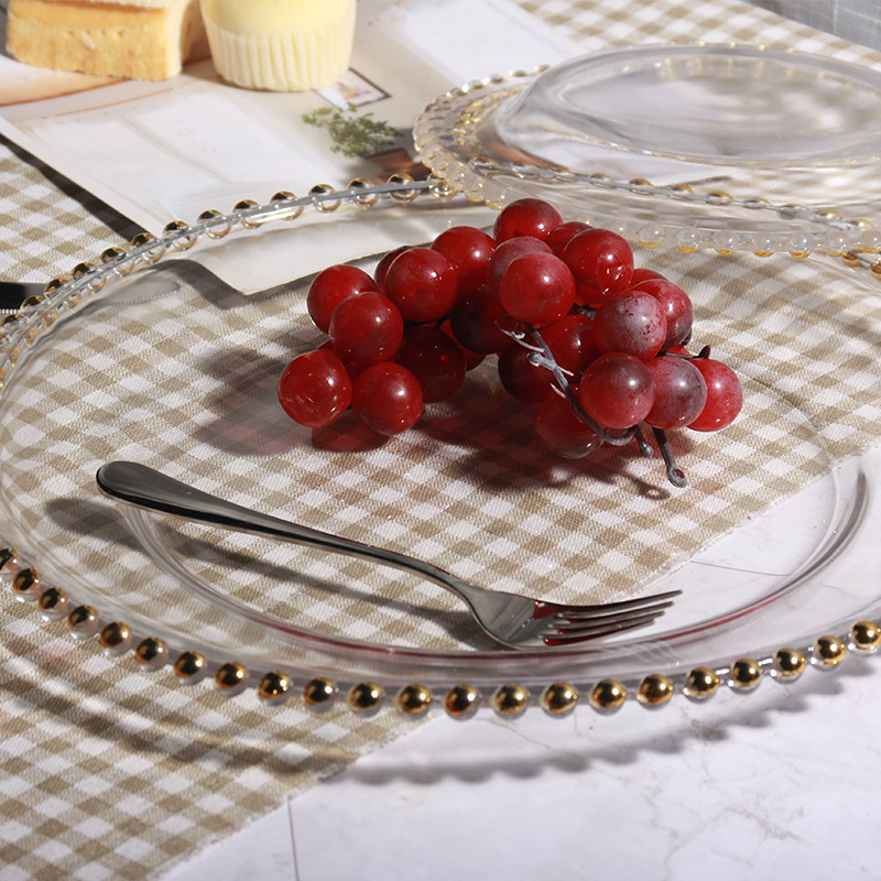 Europe Style Customized Size Tableware Clear White Glass Dinner Plates Round Glass Charger Plates Clear Glass Gold Beaded Plates